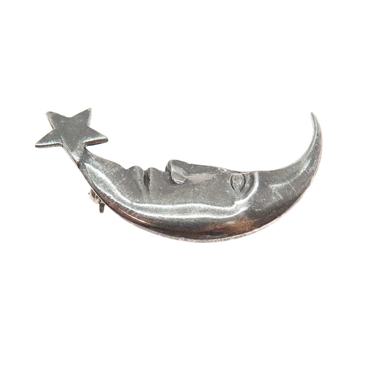 BOMA 925 Sterling Silver Vintage Crescent & Star Man in the Moon Pin Brooch