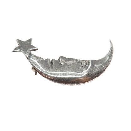 BOMA 925 Sterling Silver Vintage Crescent & Star Man in the Moon Pin Brooch