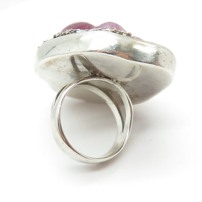 925 Sterling Silver Vintage Rose Glass Modernist Statement Ring Size 6.5
