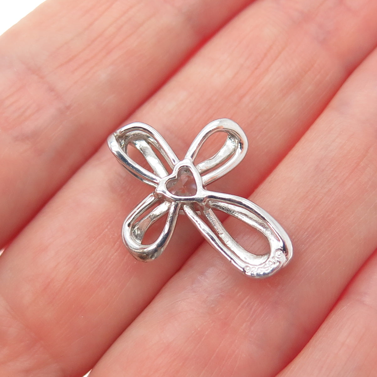 SAI 925 Sterling Silver Heart-Cut C Z Cross Minimalist Slide Pendant