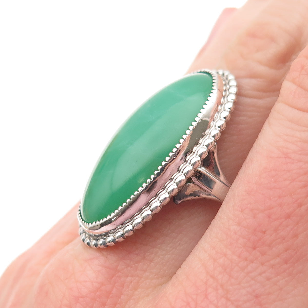 925 Sterling Silver Vintage Real Cabochon Jade Statement Ring Size 9.75