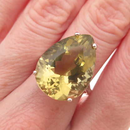 925 Sterling Silver Vintage Real Pear-Cut Lemon Quartz Ring Size 5.5