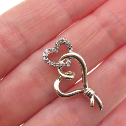 Sun 925 Sterling Silver 2-Tone Real Diamond Double Heart Slide Charm Pendant