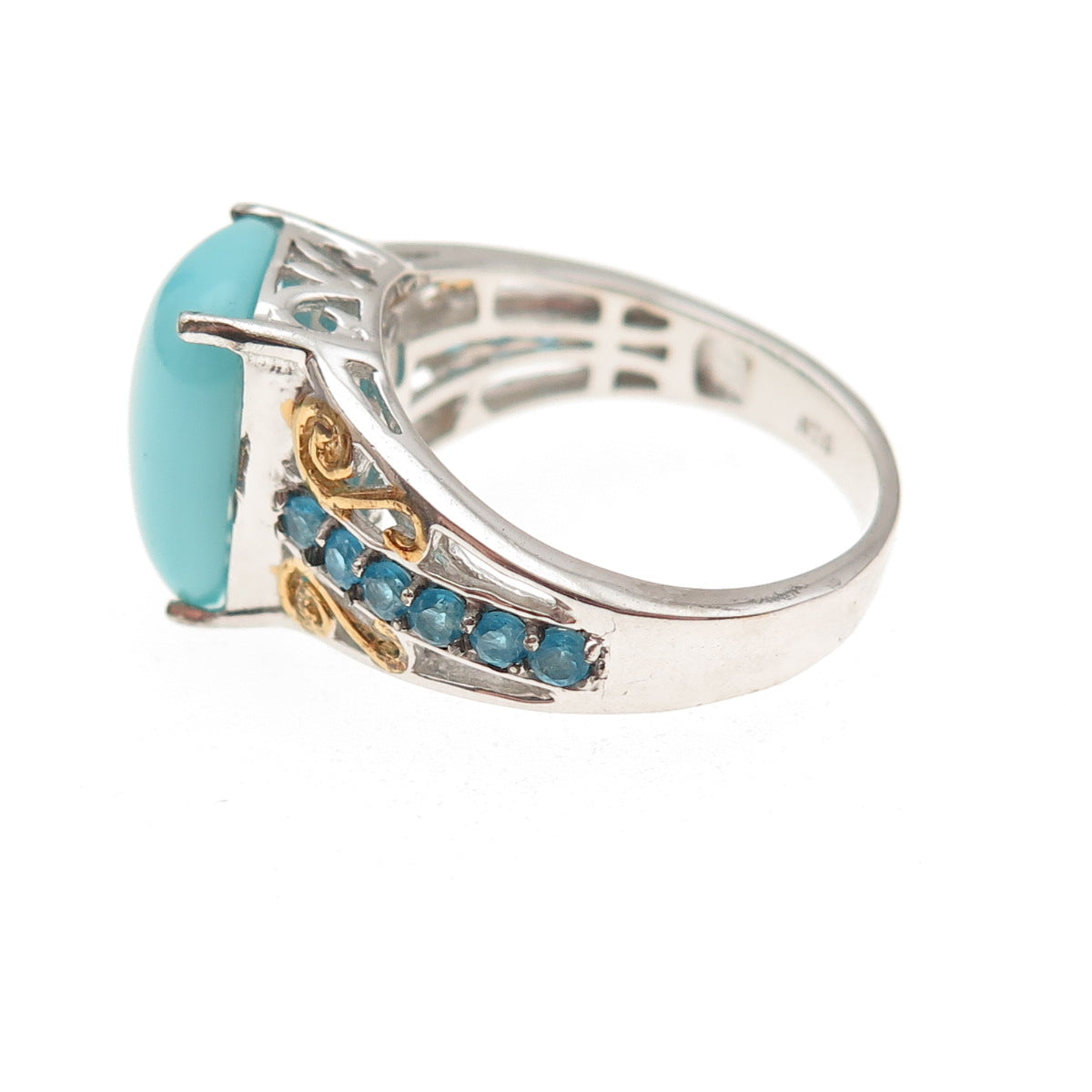 Chuck Clemency 925 Sterling Silver 2-Tone Real Turquoise Apatite Ring Size 8.25