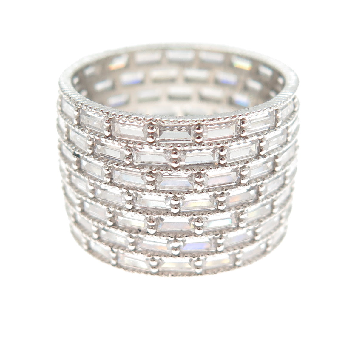 DSMK 925 Sterling Silver Baguette-Cut C Z Wide Band Ring Size 6.75