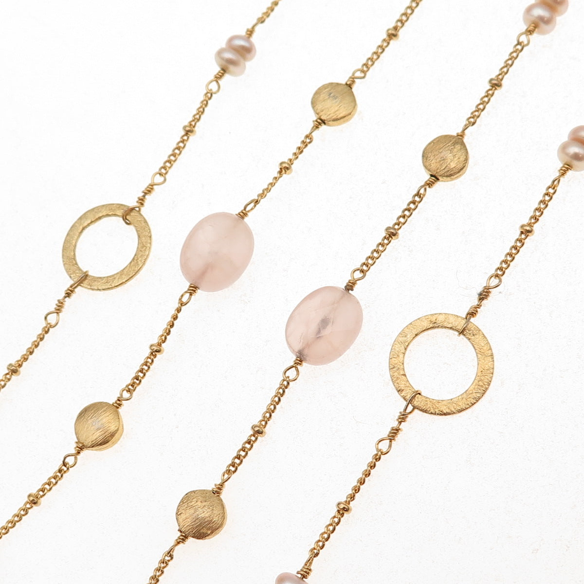 925 Sterling Silver Gold Plated Real Pearl & Rose Quartz Long Chain Necklace 48"
