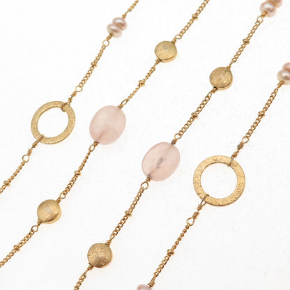 925 Sterling Silver Gold Plated Real Pearl & Rose Quartz Long Chain Necklace 48"