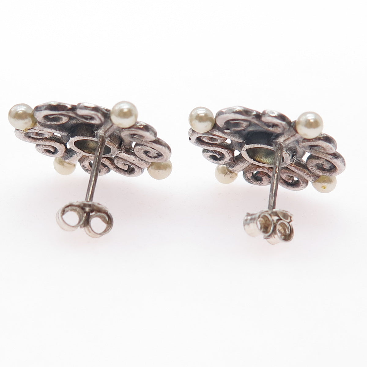 925 Sterling Silver Vintage Faux Pearl & Real Citrine Swirl Oxidized Earrings