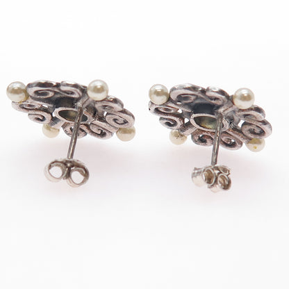 925 Sterling Silver Vintage Faux Pearl & Real Citrine Swirl Oxidized Earrings