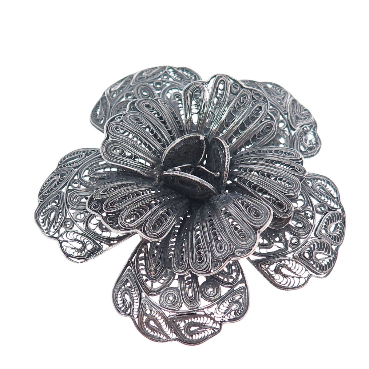 925 Sterling Silver Vintage Mexico Flower Filigree Oxidized Pin Brooch