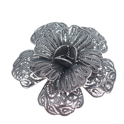 925 Sterling Silver Vintage Mexico Flower Filigree Oxidized Pin Brooch