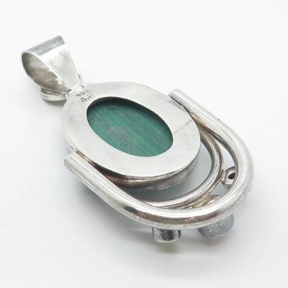 925 Sterling Silver Vintage Real Malachite Peridot Gemstone & Pearl Pendant
