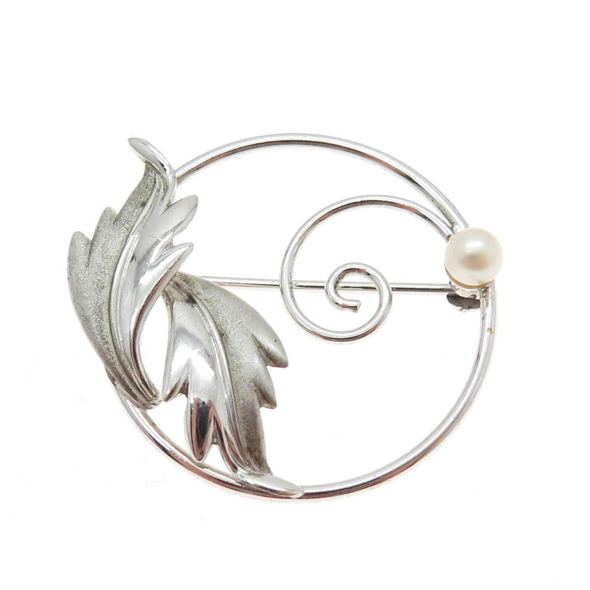 CURTMAN 925 Sterling Silver Antique Art Deco Real Pearl Leaf Circle Pin Brooch