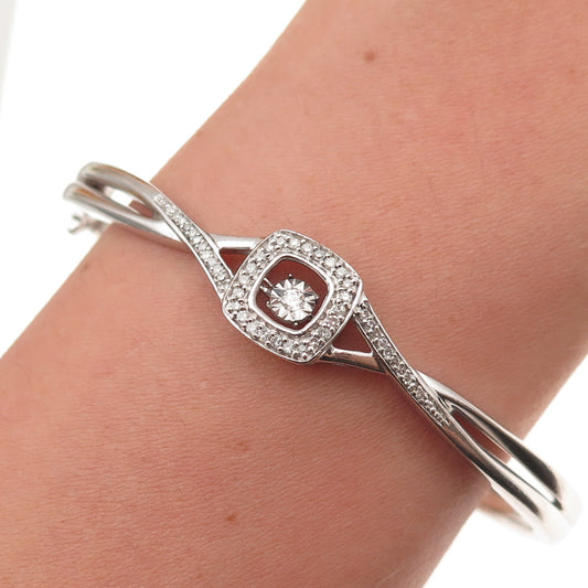 925 Sterling Silver Real Round-Cut Diamond Bangle Bracelet 7"