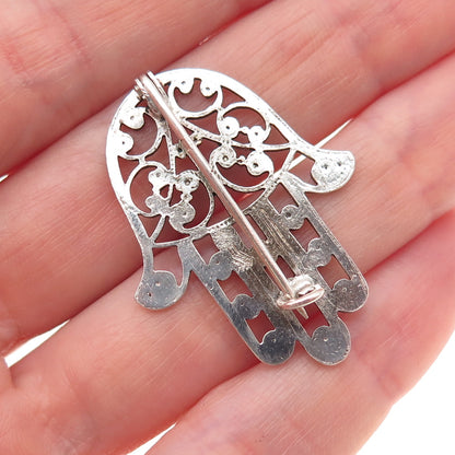 800 Silver Antique Art Deco France Hamsa Filigree Oxidized Pin Brooch
