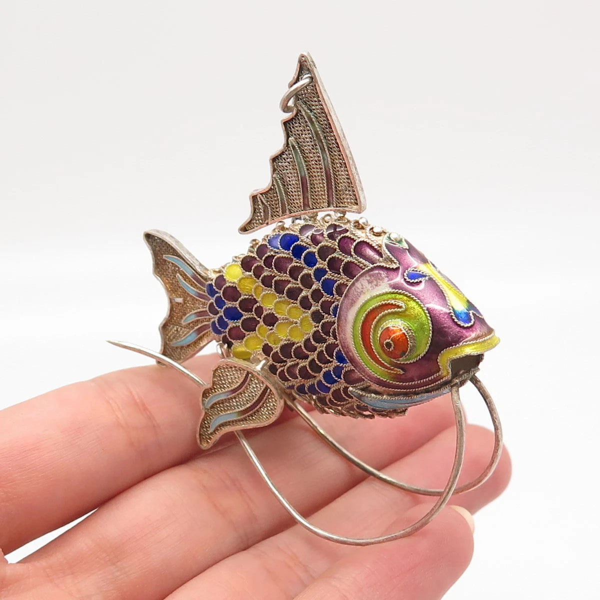 925 Sterling Silver Antique Enamel Chinese Koi Fish Articulated Chatelaine Fob