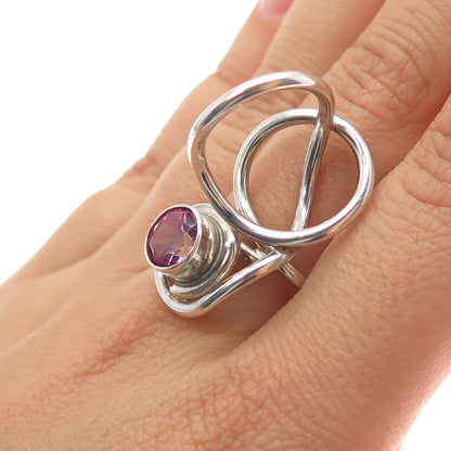 925 Sterling Silver Vintage Real Pink Topaz Modernist Ring Size 8.5