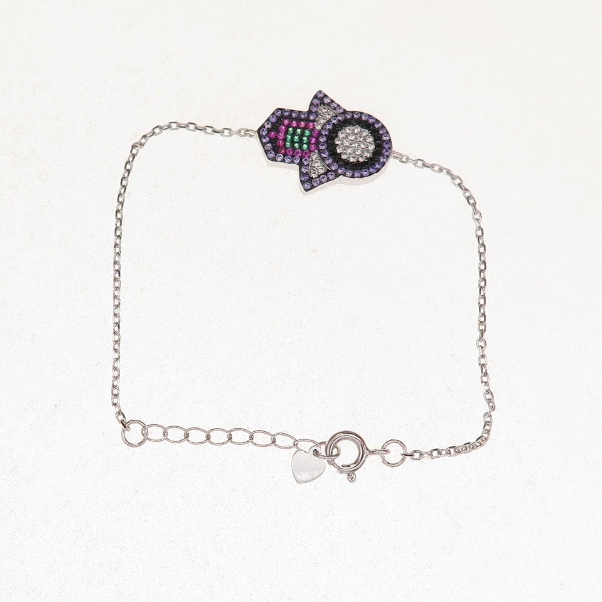 925 Sterling Silver Multi-Color C Z Hamsa Amulet Cable Link Bracelet 6.5-7.5"
