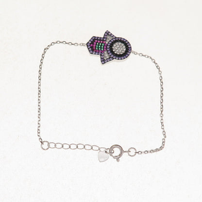 925 Sterling Silver Multi-Color C Z Hamsa Amulet Cable Link Bracelet 6.5-7.5"