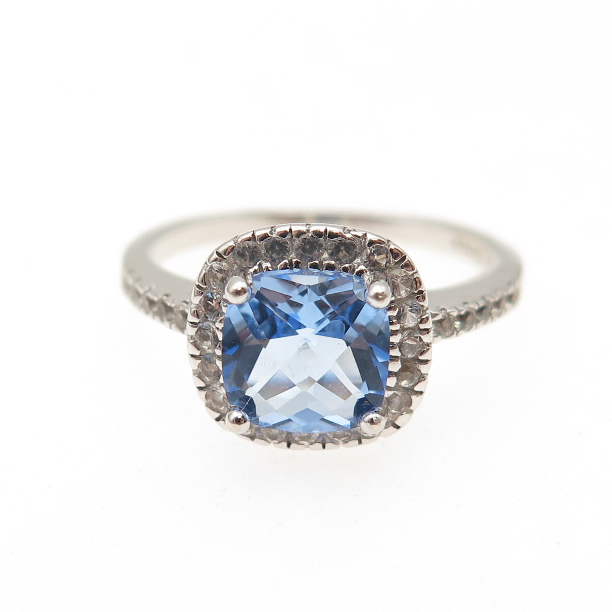 925 Sterling Silver Vintage Cushion-Cut Blue Round-Cut White C Z Ring Size 6.75