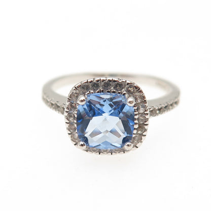925 Sterling Silver Vintage Cushion-Cut Blue Round-Cut White C Z Ring Size 6.75