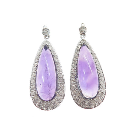 925 Sterling Silver Real Diamond & Amethyst Teardrop Jacket Earrings