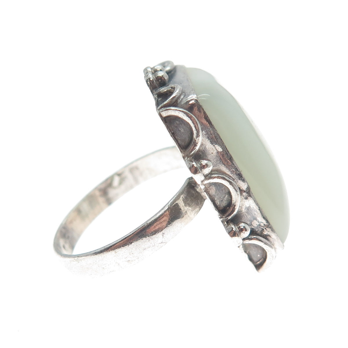 925 Sterling Silver Vintage Real White Agate Gem Oxidized Ring Size 7.75