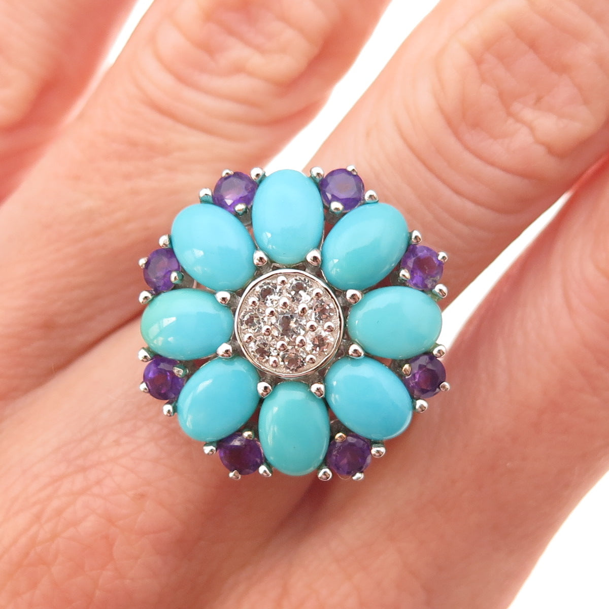 925 Sterling Silver Real Sleeping Beauty Turquoise Amethyst Topaz Ring Size 8.25