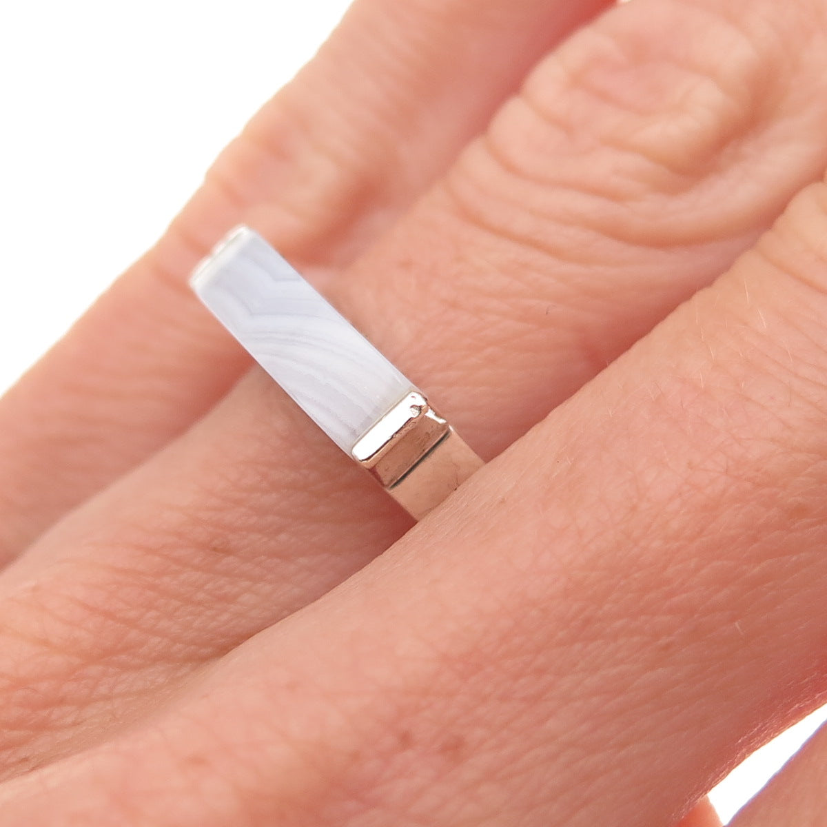 Monica Vinader 925 Sterling Silver Real Blue Lace Agate Linear Stone Ring Size 5