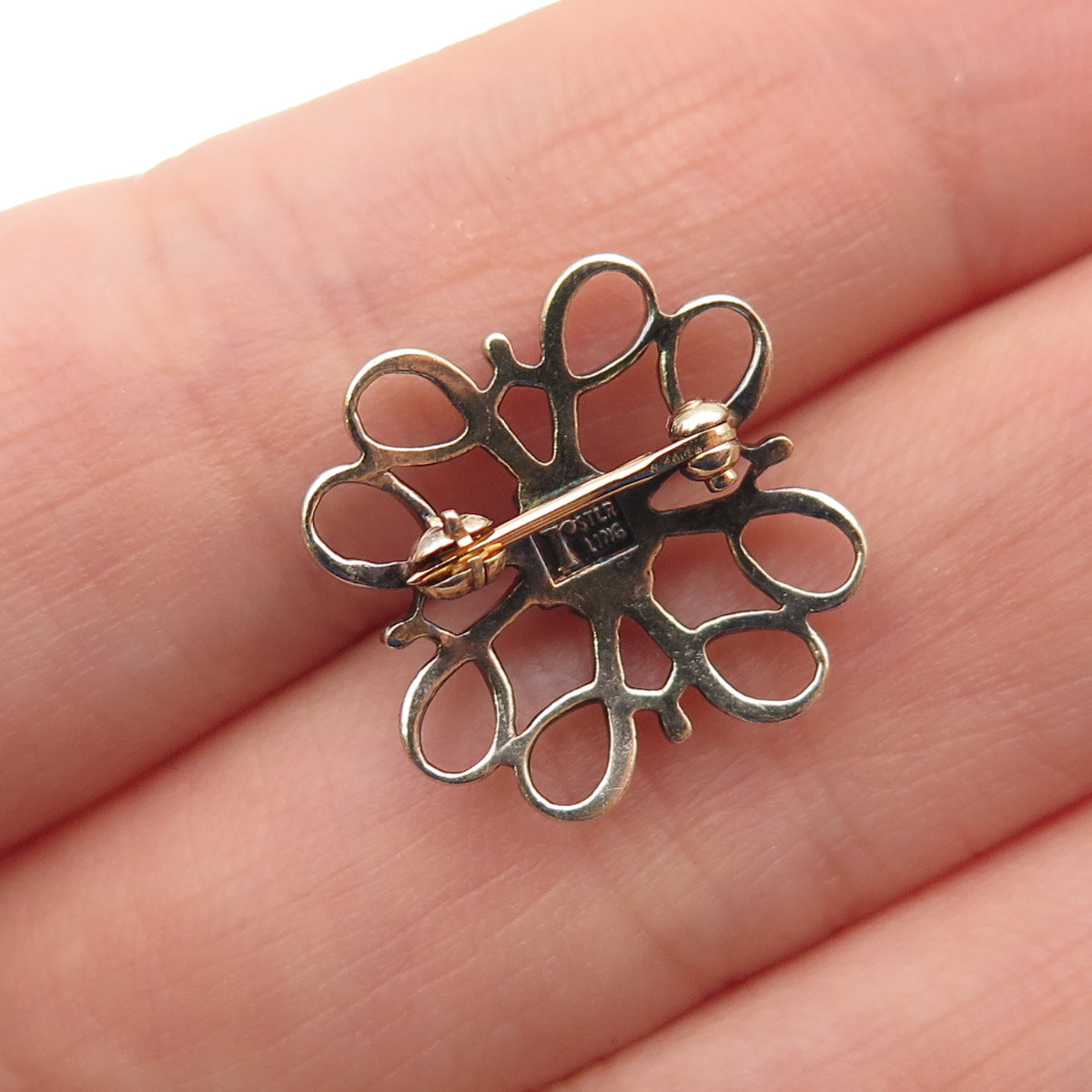 ROBBINS & CO. 925 Sterling Gold Plated Antique Art Deco Real Ruby Flower Brooch