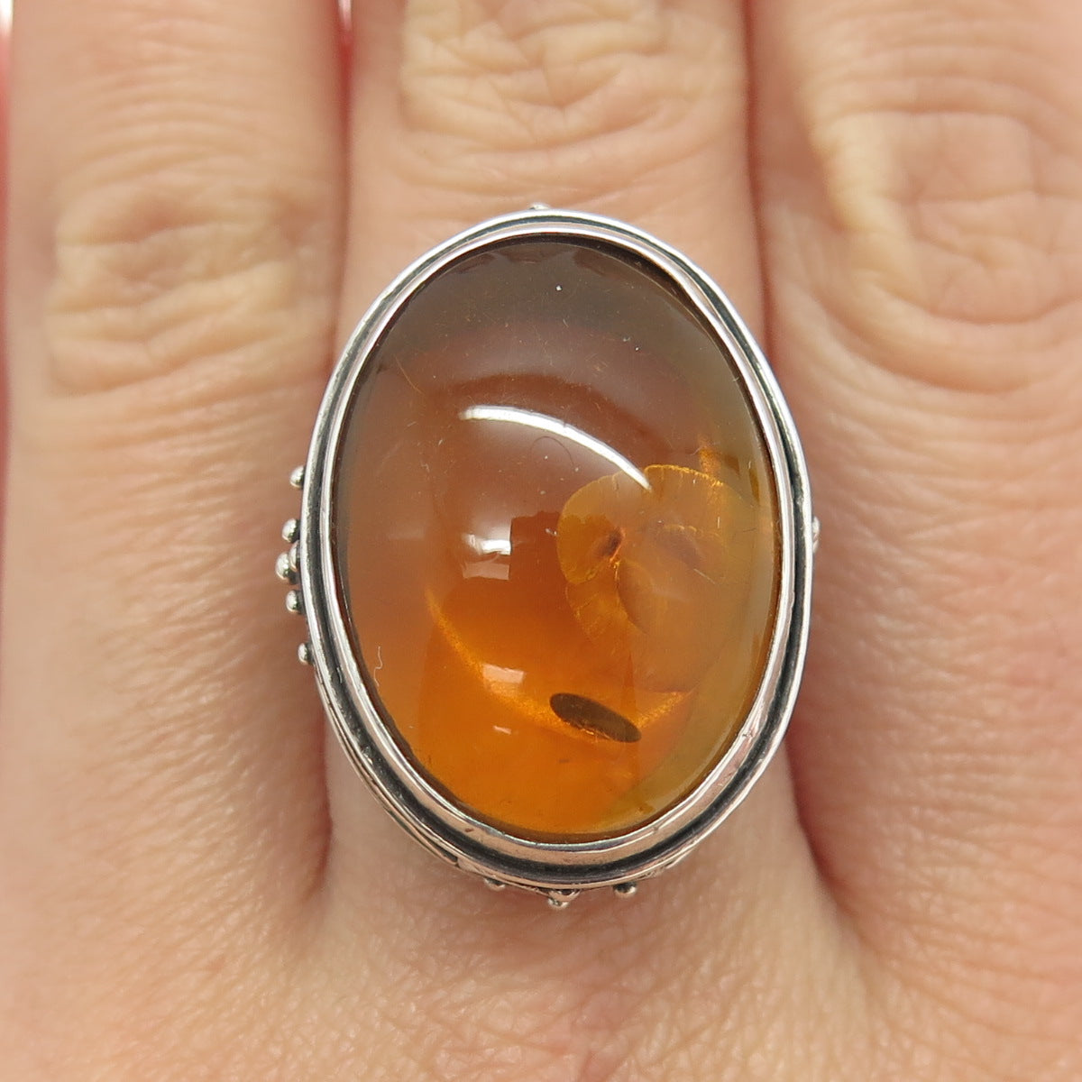 925 Sterling Silver Vintage Real Large Amber Ring Size 7