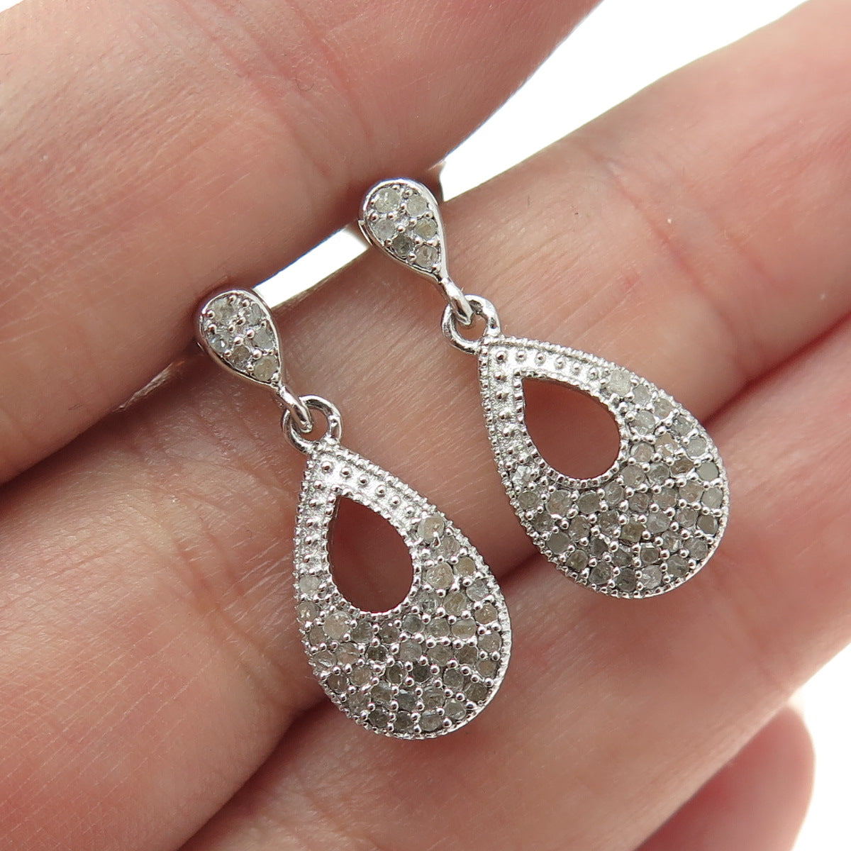 925 Sterling Silver Real Round-Cut Diamond Teardrop Dangling Earrings