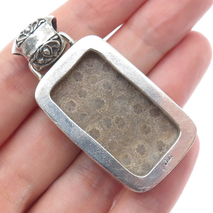 925 Sterling Silver Vintage Real Fossil Modernist Oxidized Pendant