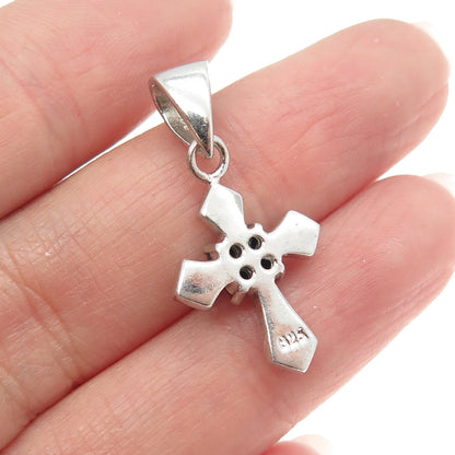 925 Sterling Silver Vintage Enamel Real Black Spinel Cross Pendant