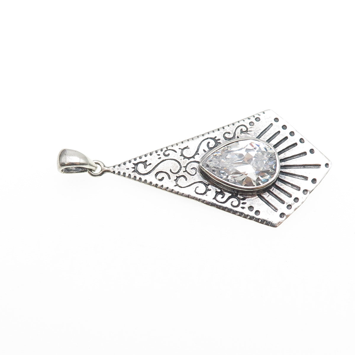 KEN CRAFTS 925 Sterling Silver Vintage Pear-Cut C Z Swirl Oxidized Pendant