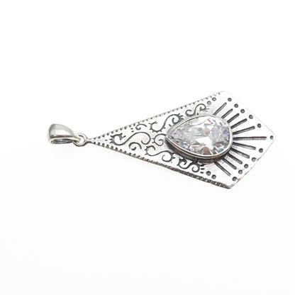 KEN CRAFTS 925 Sterling Silver Vintage Pear-Cut C Z Swirl Oxidized Pendant