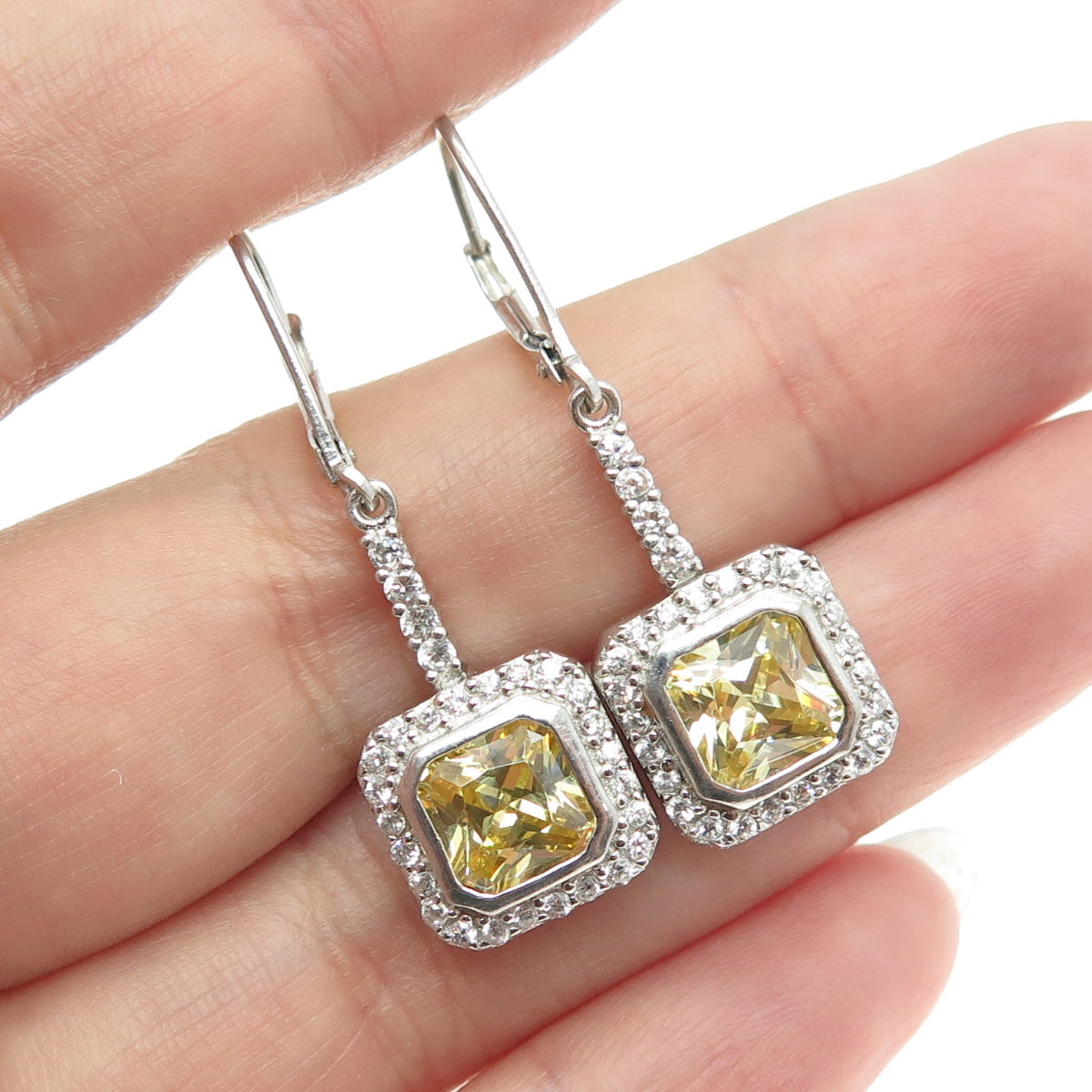 925 Sterling Silver Princess & Round-Cut Canary White C Z Dangling Earrings