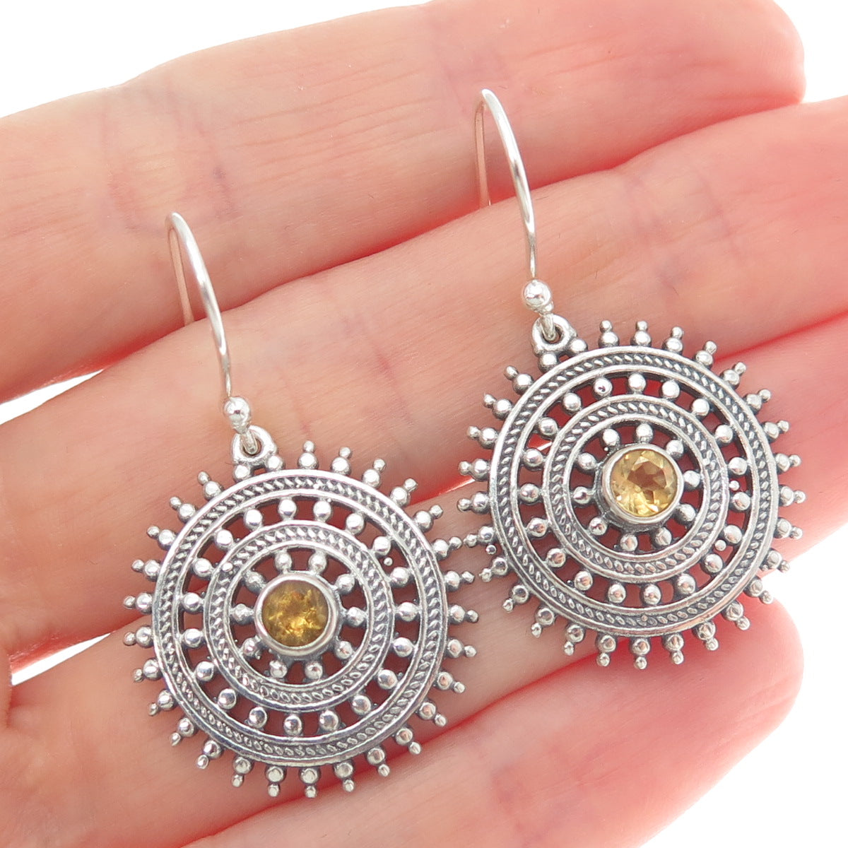 925 Sterling Silver Vintage Real Yellow Topaz Wheel of Fortune Dangle Earrings