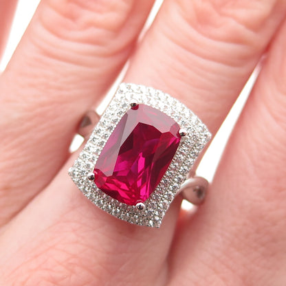 925 Sterling Silver Lab-Created Ruby & C Z Cocktail Ring Size 8