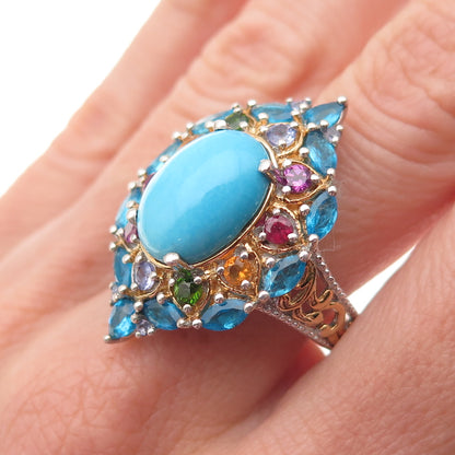 Chuck Clemency 925 Sterling Silver 2-Tone Real Multi-Color Gem Ring Size 8.25