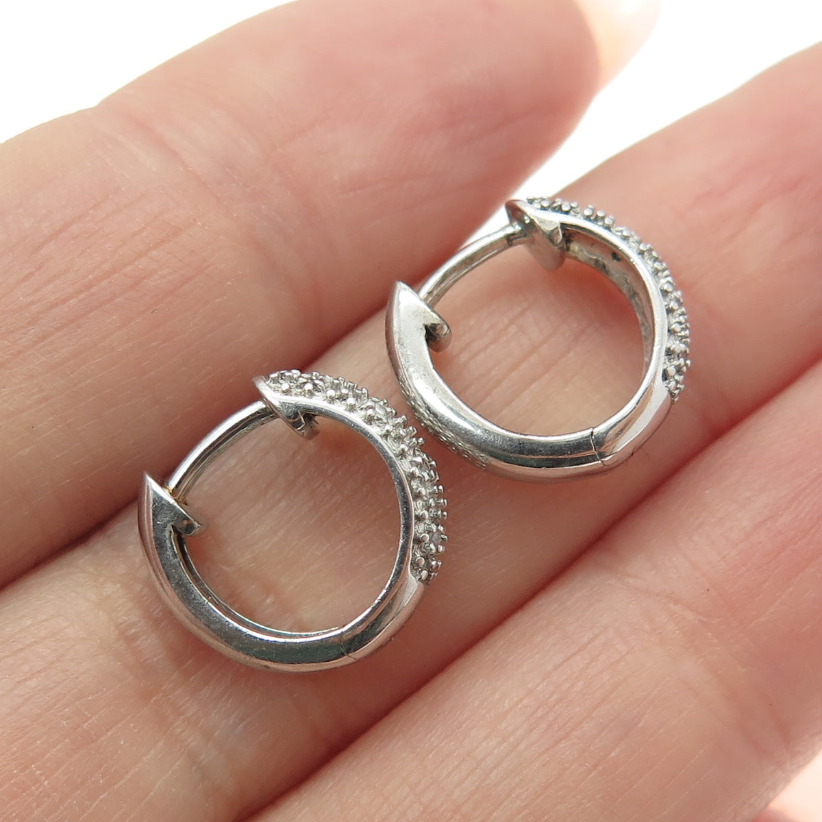 925 Sterling Silver Real Round-Cut Diamond Hoop Earrings