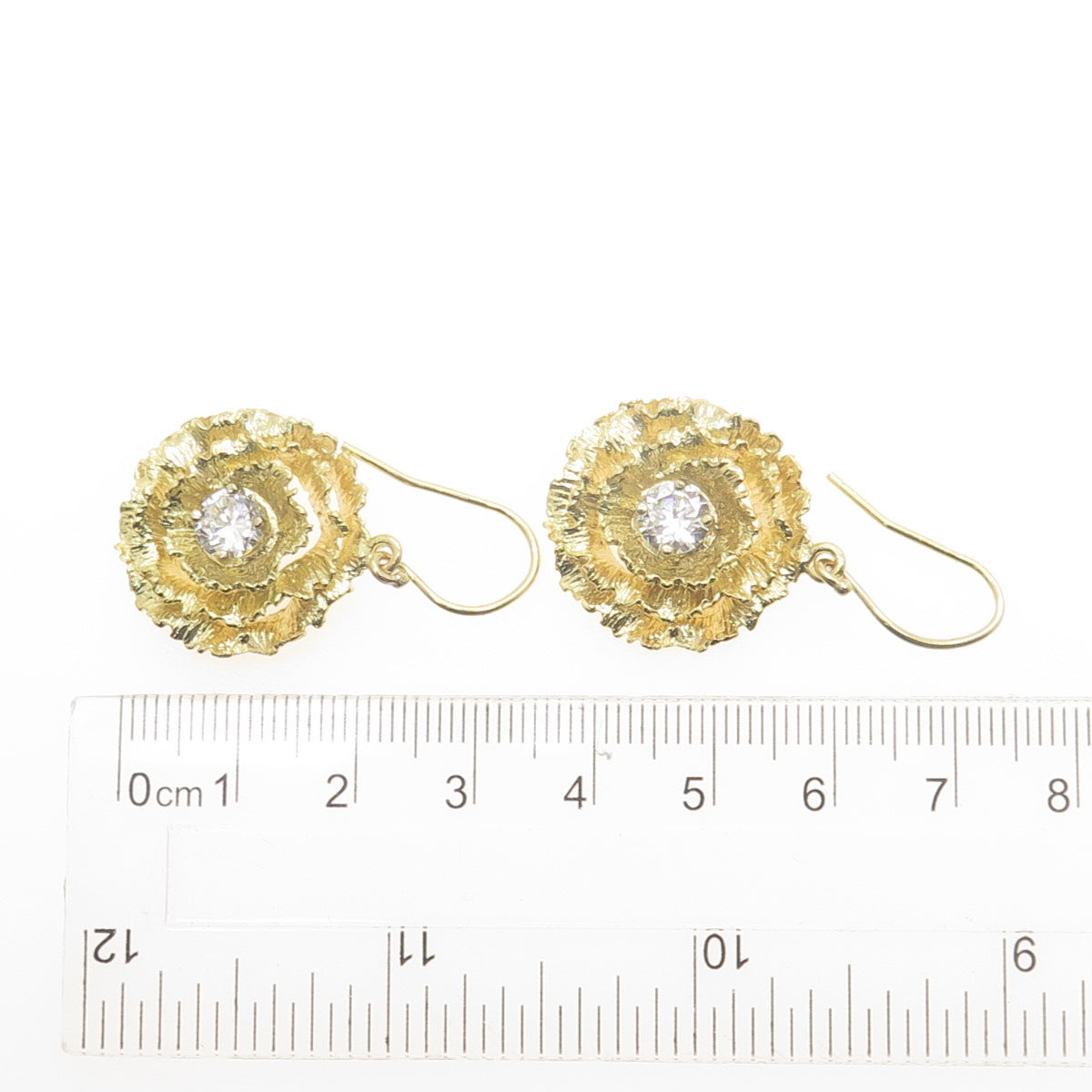 925 Sterling Silver Gold Plated Round-Cut C Z Flower Dangle Earrings