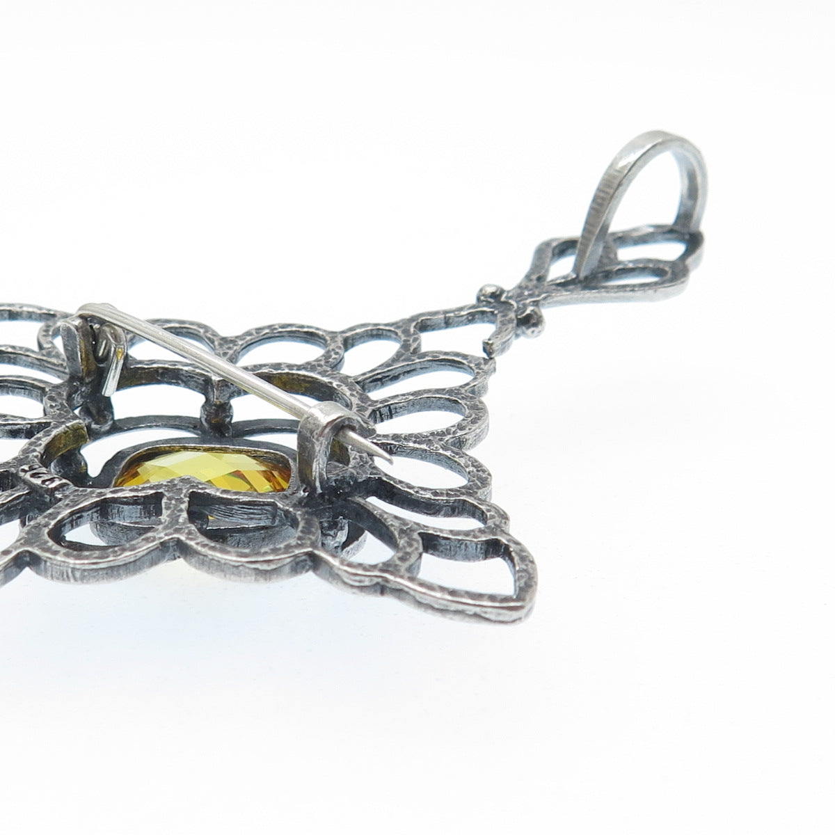 925 Sterling Silver Vintage Canary C Z Floral Cross Pin Brooch / Pendant