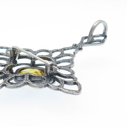 925 Sterling Silver Vintage Canary C Z Floral Cross Pin Brooch / Pendant