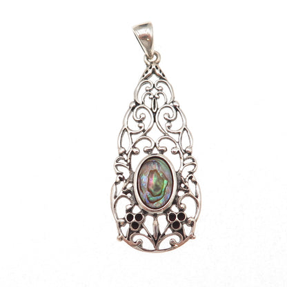 Nevada Sterling Silver Vintage Real Abalone Shell Floral Scroll Charm Pendant