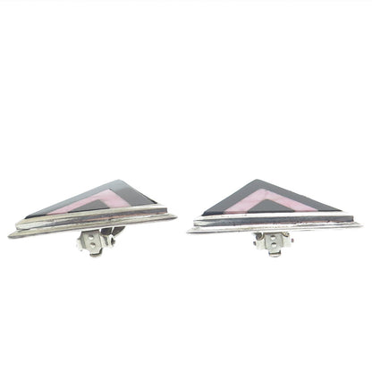 925 Sterling Silver Vintage Real Black Onyx Rhodonite Triangle Clip On Earrings