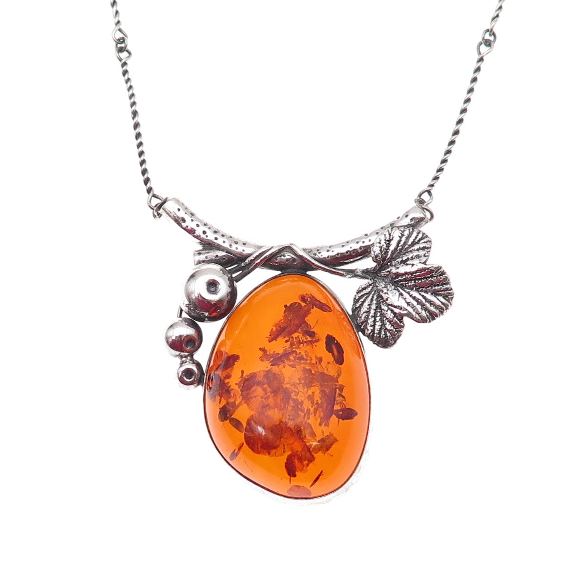 925 Sterling Silver Vintage Real Amber Modernist Floral Bar Chain Necklace 24"