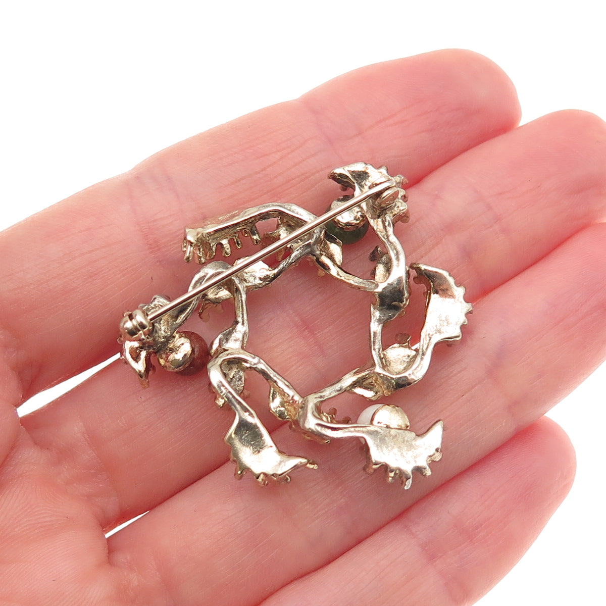 Wells 925 Sterling Gold Plated Vintage Real Jade Moonstone Rhodonite Pin Brooch