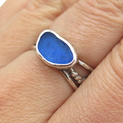 RADIANT SUN 925 Sterling Silver Vintage Blue Glass Modernist Ring Size 7.75