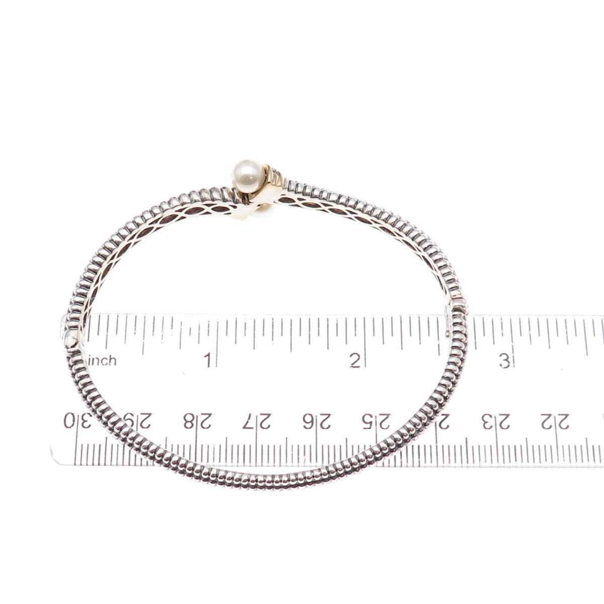 Town & Country 925 Sterling 14K Gold Real Diamond & Pearl Bangle Bracelet 6.75"